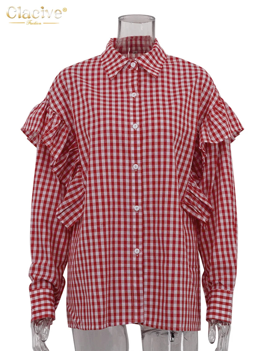 Clacive Fashion Loose Plaid Cotton Women Blouse 2024 Casual Lapel Long Sleeve Shirts Elegant Classic Ruffle Top Female Clothing