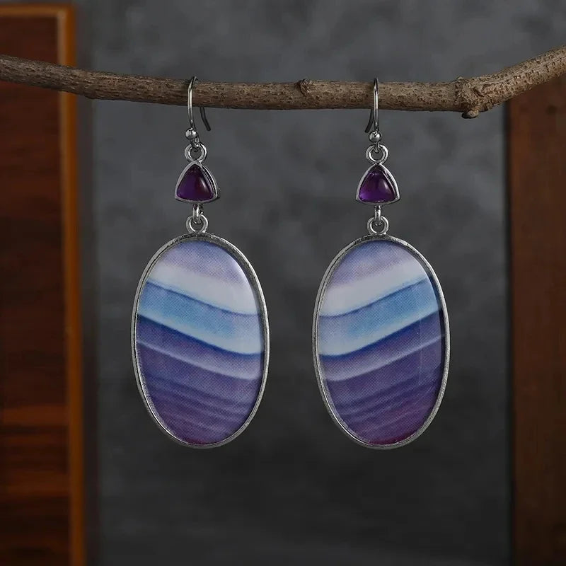 Boho Teardrop Earrings for Women Jaspers Silver Color Women Oval Purple Natural Stone Dangle Jewelry