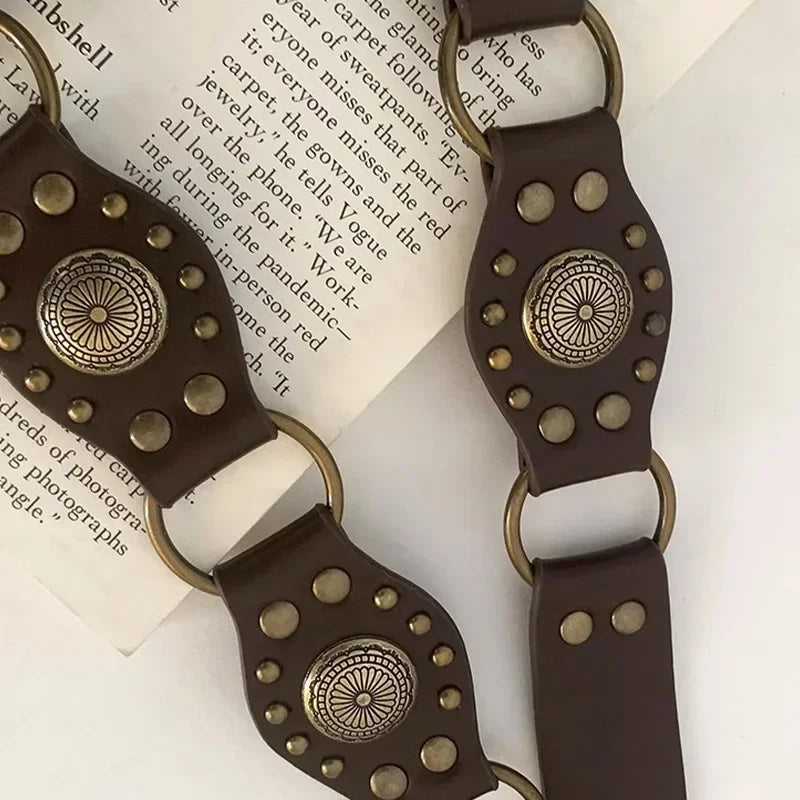 Vintage Circle Splicing Belts Cowboy Hollow PU Girdle Rivet Punk Metal Buckle Spice Girls Skirt Decoration Heavy Duty Wide Belt