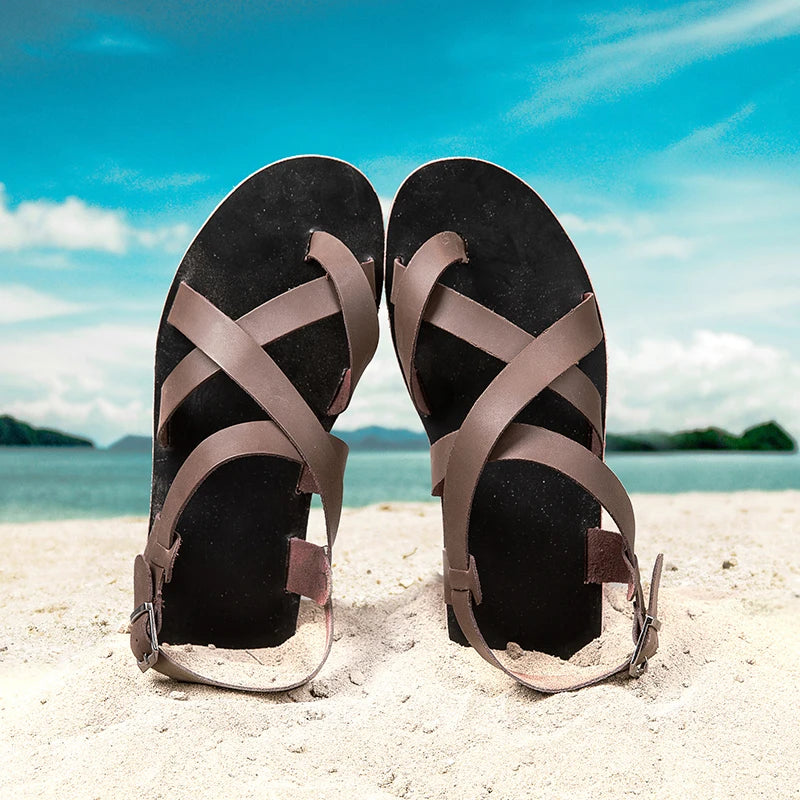 New Summer Sandals Men Open Toe Genuine Leather Sandals Hollow-out Retro Handmade Comfortable Breathable Outdoor Beach Shoes