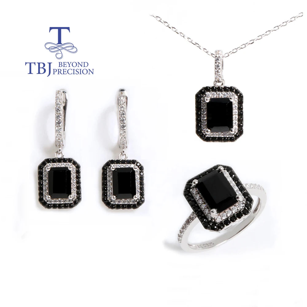 Mysterious noble natural black spinel ring Earrings Necklace Jewelry set 925 sterling silver precious gems women's fine jewelry