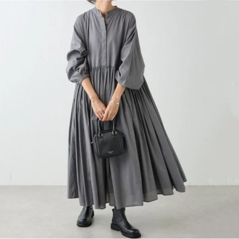Cotton Linen Loose Dresses For Women Solid Korean version Long Sleeve Pleated Big Swing Robe Autumn Vintage Casual Clothes
