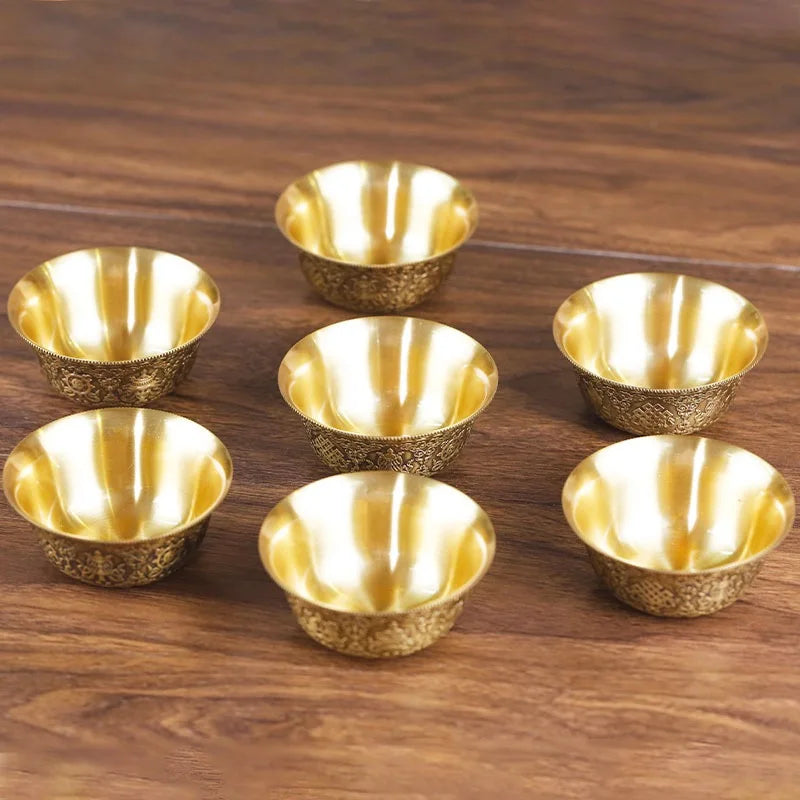 Relief Pure Copper Drinking Bowl Pure Brass Carved Auspicious Tibetan Holy Water Cup Golden Buddhist Bowl Home's Gift Decorative