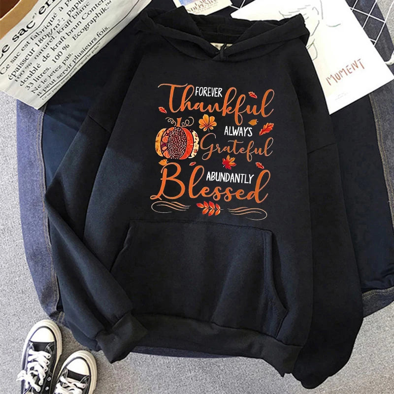 Women's Thanksgiving Elements and Alphabet Print Hoodies Fall Winter Casual Sweatshirts Unisex Graphic Y2k Hooded Pullovers