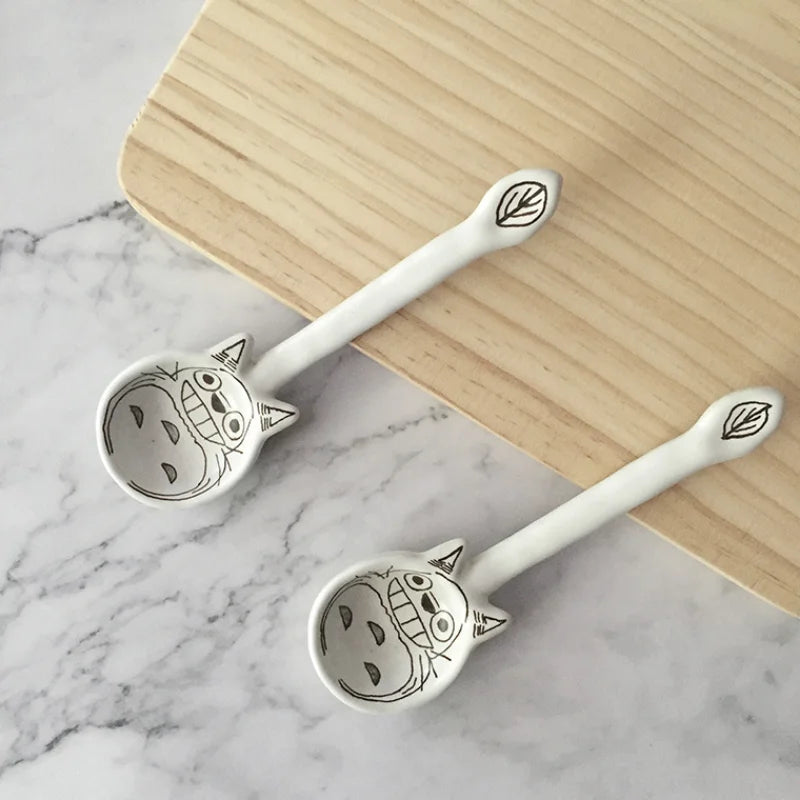 Japanese Hand Drawn Cartoon Cat Clay Spoon Handmade Ceramic Dessert Spoons Small Rice Soup Spoon Kitchen Tableware Coffee Scoop
