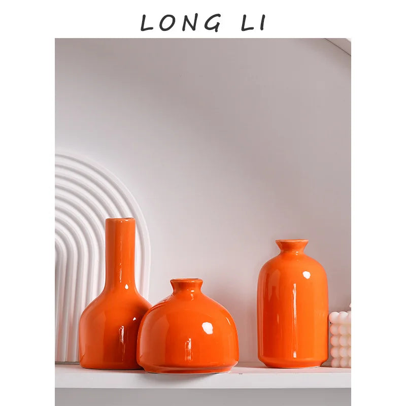 Modern Ceramic Vase with Minimalist Design, Dried Flower Vase, New Chinese Style Ceramic Vase, Luxury Home Decor Orange Ceramic