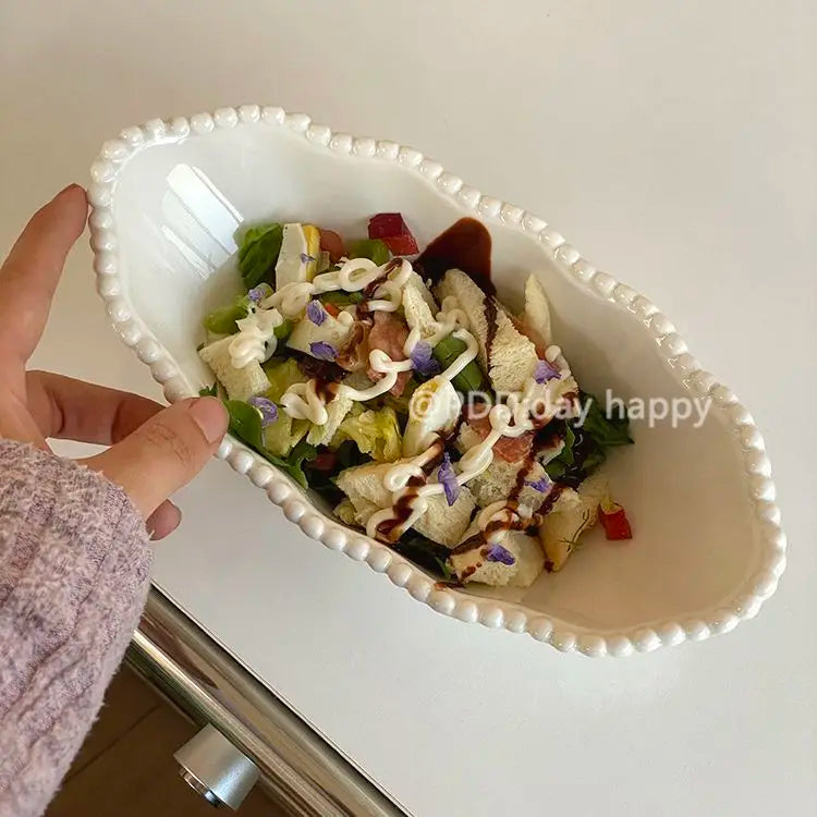 Ins Style Light Luxury Solid Color Bead Bowl Wavy Edge Ceramic Salad Bowl High Aesthetic Breakfast Plate Exquisite Home