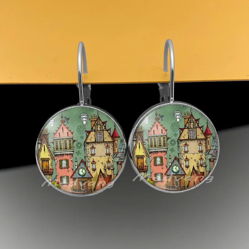 2024 Natural Scenery Earrings beautiful village Women Stud Earring  Abstract Oil Painting House Glass Cabochon Earrings  jewelry