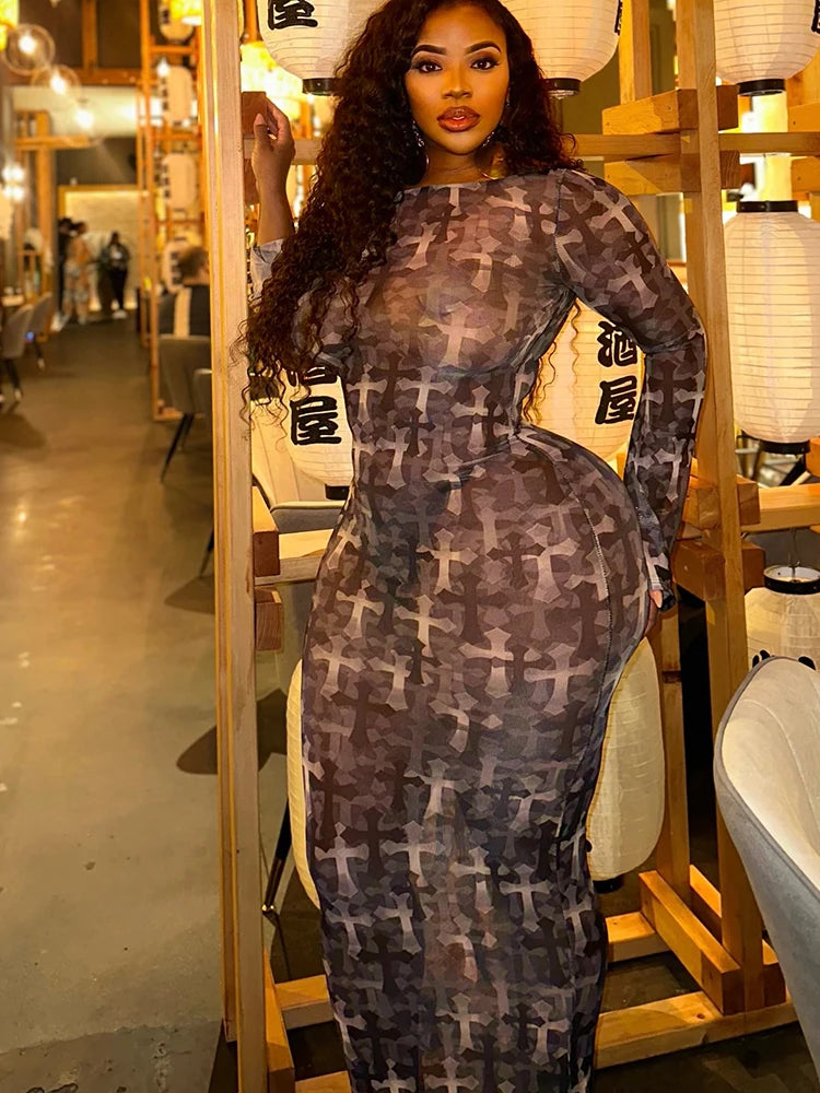 kliou Mesh Thin Print Women Dress Elegant Contrast Colors Full Sleeve O-neck Sheath Maxi Frock Mujer Trend New High Street Robe