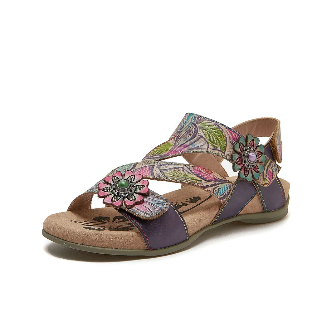 Johnature Bohemian Vintage Printed Genuine Leather Sandals Summer 2025 New Versatile Lightweight Women's Shoes