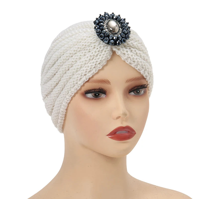 Women Hat Knitted Turban Muslim Chemo Cap Underscarf Rhinestone Headwrap Bonnet Covers Hair Bandanas Head Scarf Beanie India Cap
