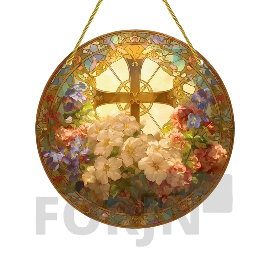 Cross Sun Catcher Acrylic Round Sign,Faux 3D Christianity Religious Pendant Plate,Home,Garden,Room,church,Holy Week&Easter Decor