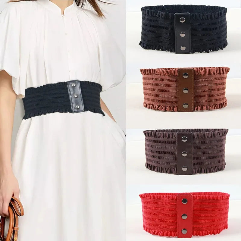 Ruffles Wide Belt Triple Buckle Elegant Elastic Waistband Decorative Dress Girdle for Women Large Size Luxury