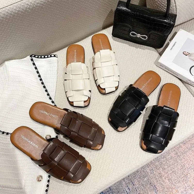 Leather Shoes for Women Low Heel Sandals Mules Slides Outside Woman Slippers Round Toe Flat Designer Natural Skin B Trend Eva F