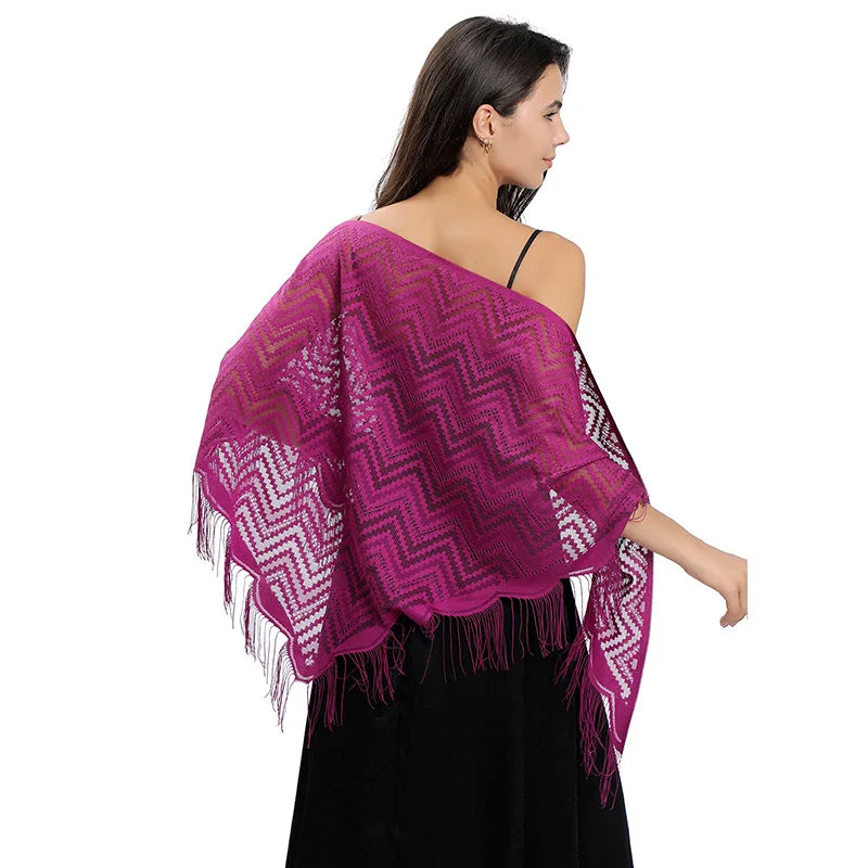 Elegant Lace Wavy Triangle Shawl Hollow Mesh Thin Breathable Tassel Scarf Party Evening Dress Versatile Shawl
