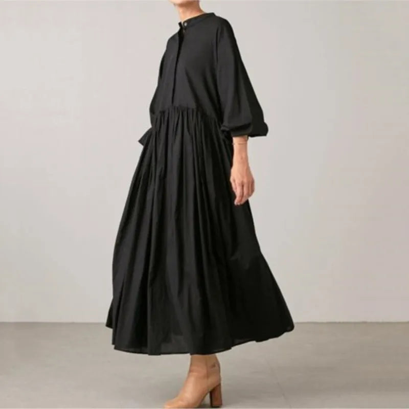 Cotton Linen Loose Dresses For Women Solid Korean version Long Sleeve Pleated Big Swing Robe Autumn Vintage Casual Clothes