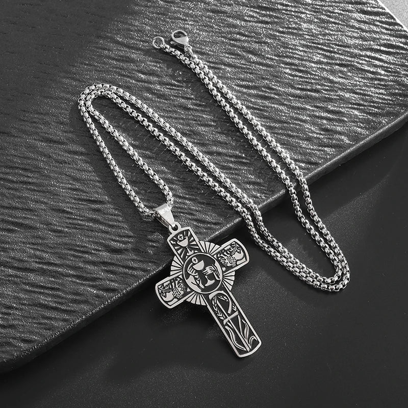 Stainless Steel Christian Eucharist Halo Grape Juice Cross Necklace Men Women Catholic Holy Spirit Church Jewelry