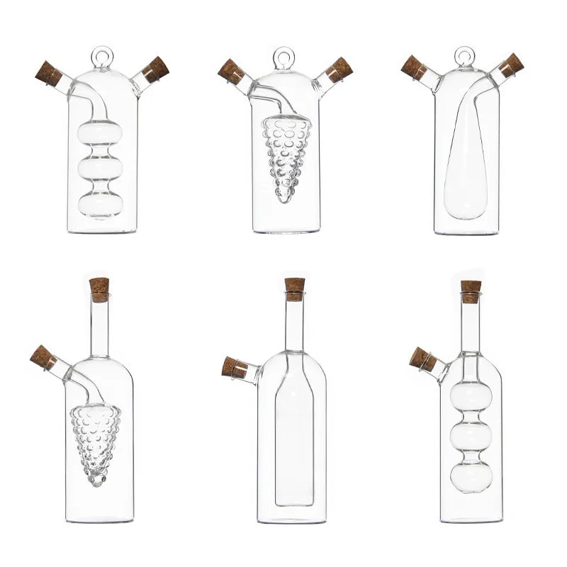Double-layer Glass Oil Jug 2-in-1 Oil Vinegar Bottle Home Creative Double-mouth Cork Shaped Glass Oil Jug Kitchen Seasoning Tool