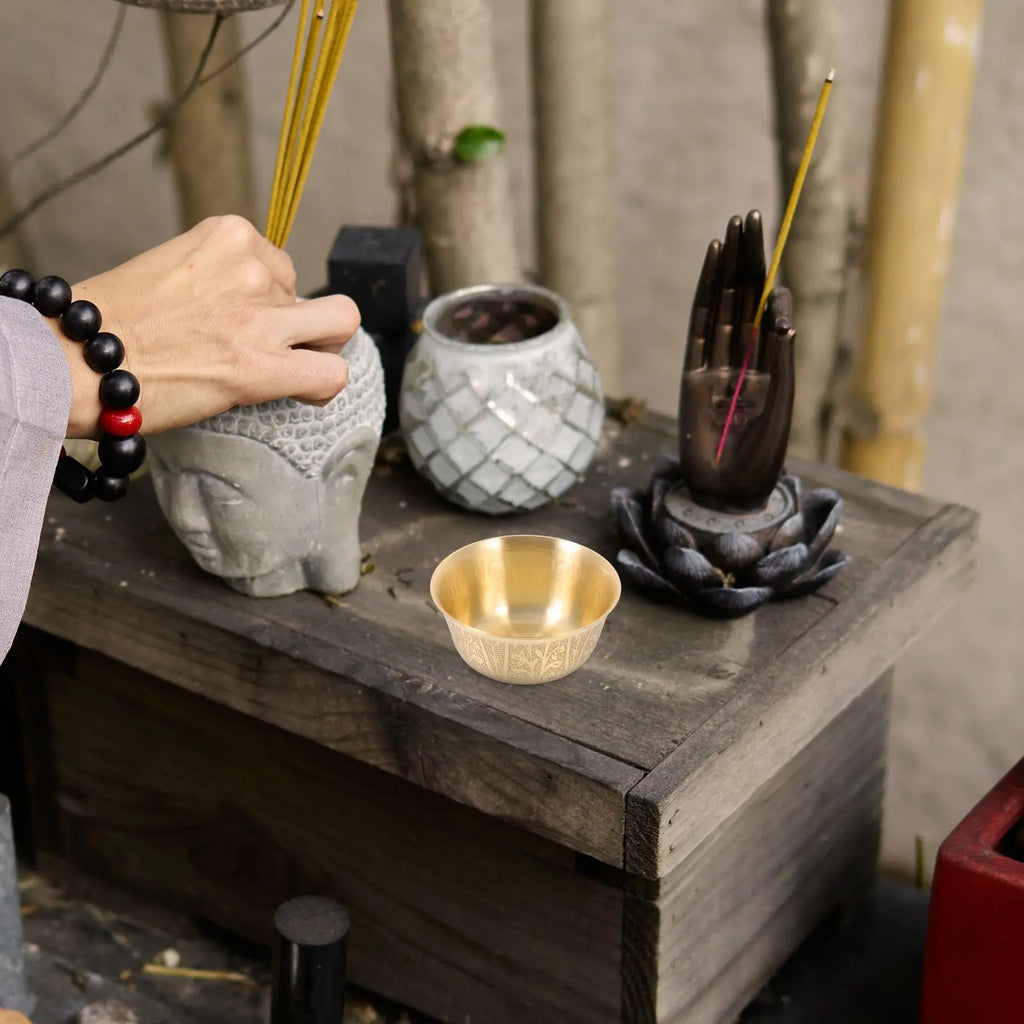 Copper Bowl Set Temple Home Decor Golden Buddha Worship Offering Rice Water Bowls Pure Copper Carved Patterns Round Edge