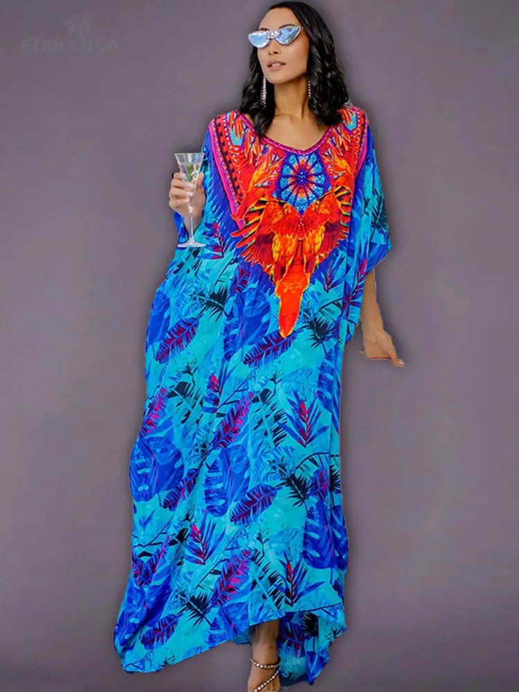 2025 Quick-drying Bohemian Printed Loose Summer Beach Dress Moroccan Kaftan Women Plus Size Beachwear Tassel Midi Dress Q897