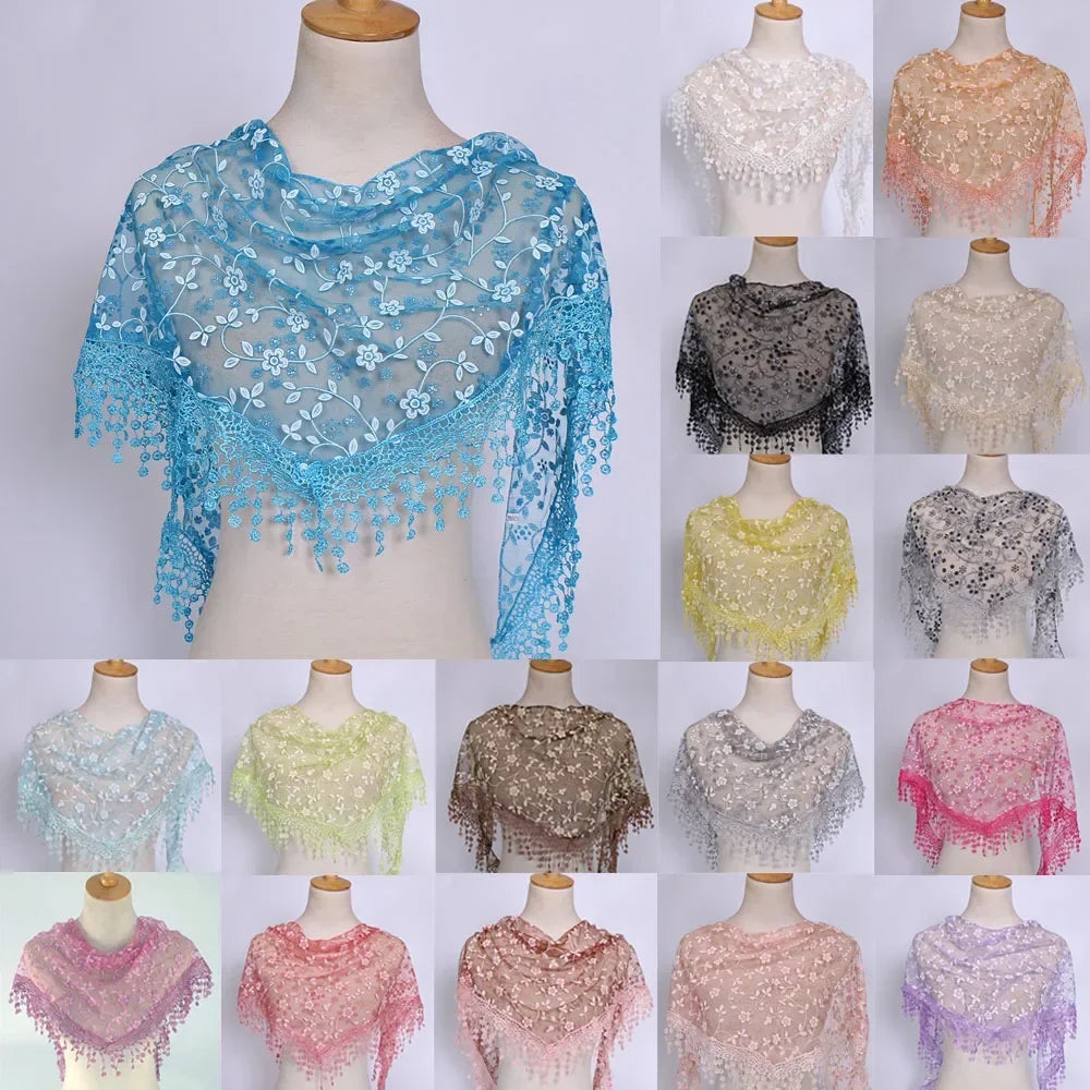 Women Triangle Scarf for Church Prayer Shawl Embroidered Lace Veil Floral Tassel Veils Mantillas for The Church's Pendant Scarve
