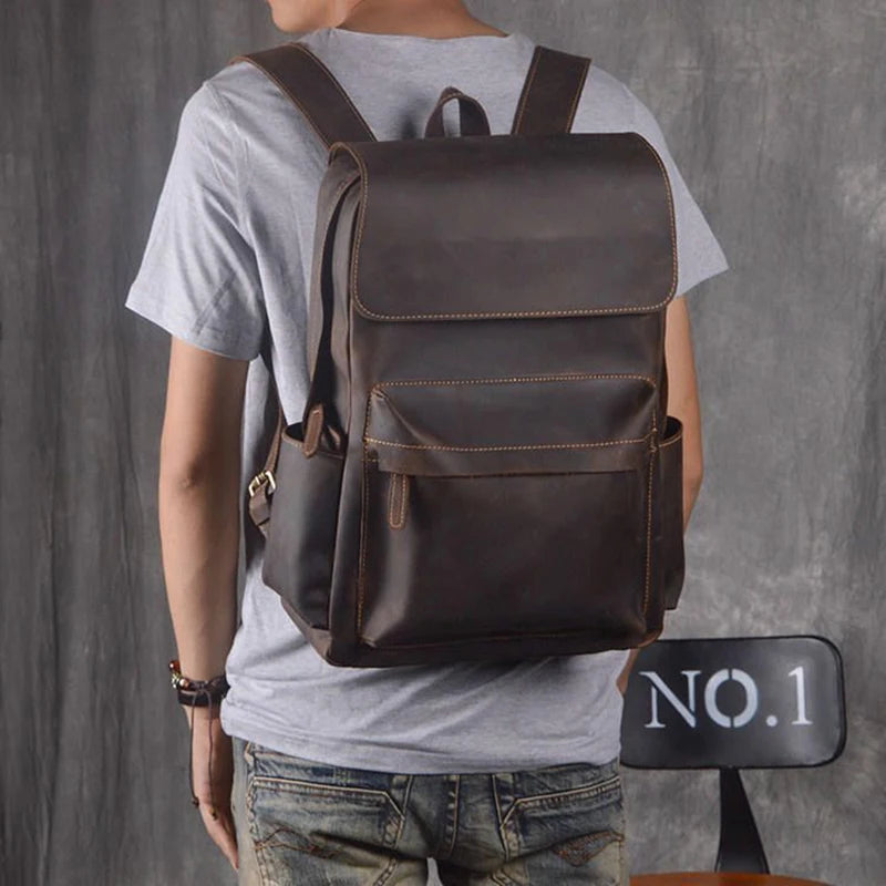 Vintage Leather Men's Backpack Large Capacity 15.6 Inch Laptop Bag Crazy Horse Leather Retro Travel College School Backpack