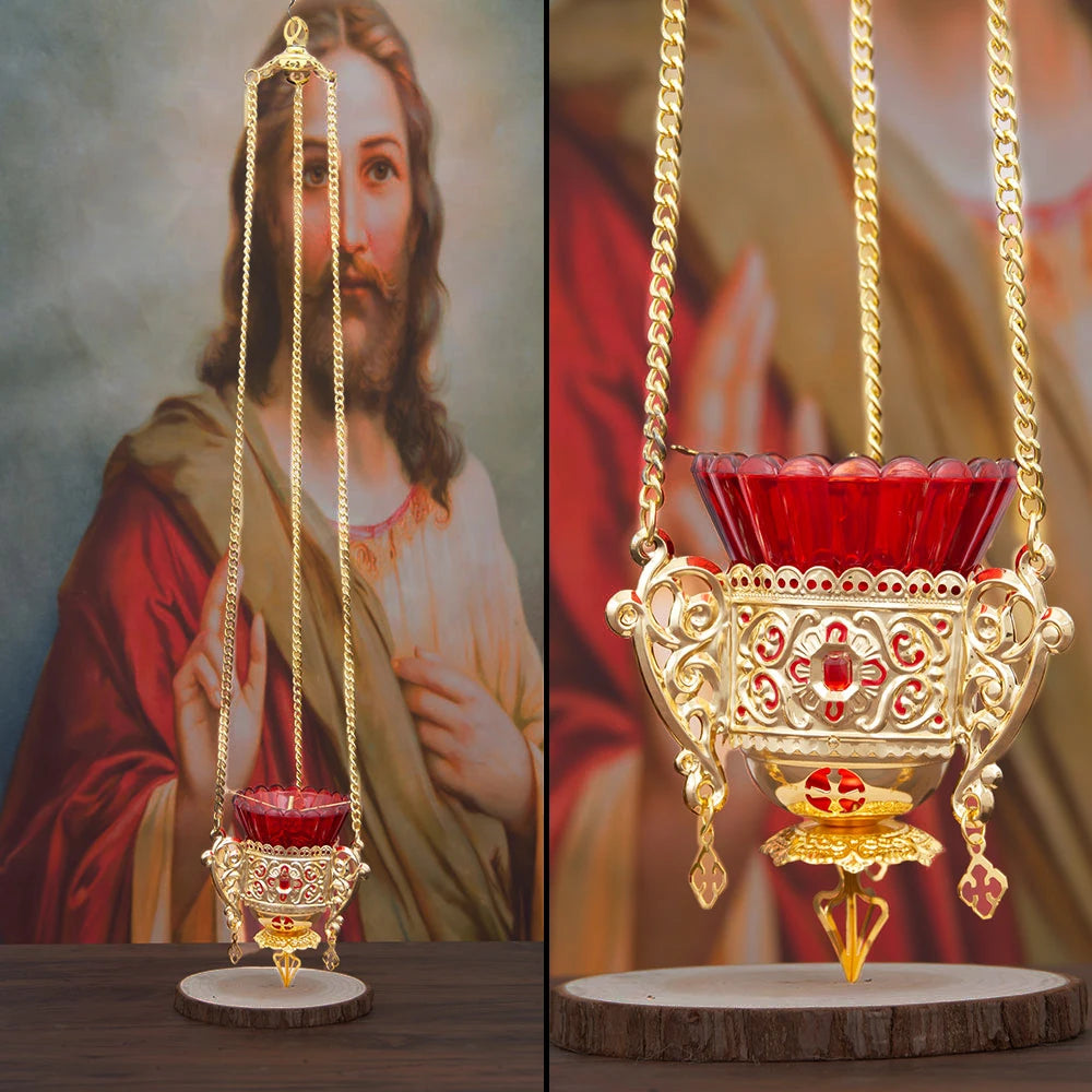 Antique Golden Gemstone Church Thurible Crimson Glass Bowl Vintage Ritual Artifact Meditation Burner, Collectible Altar Decor
