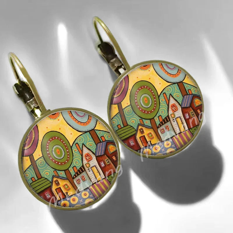 2024 Natural Scenery Earrings beautiful village Women Stud Earring  Abstract Oil Painting House Glass Cabochon Earrings  jewelry