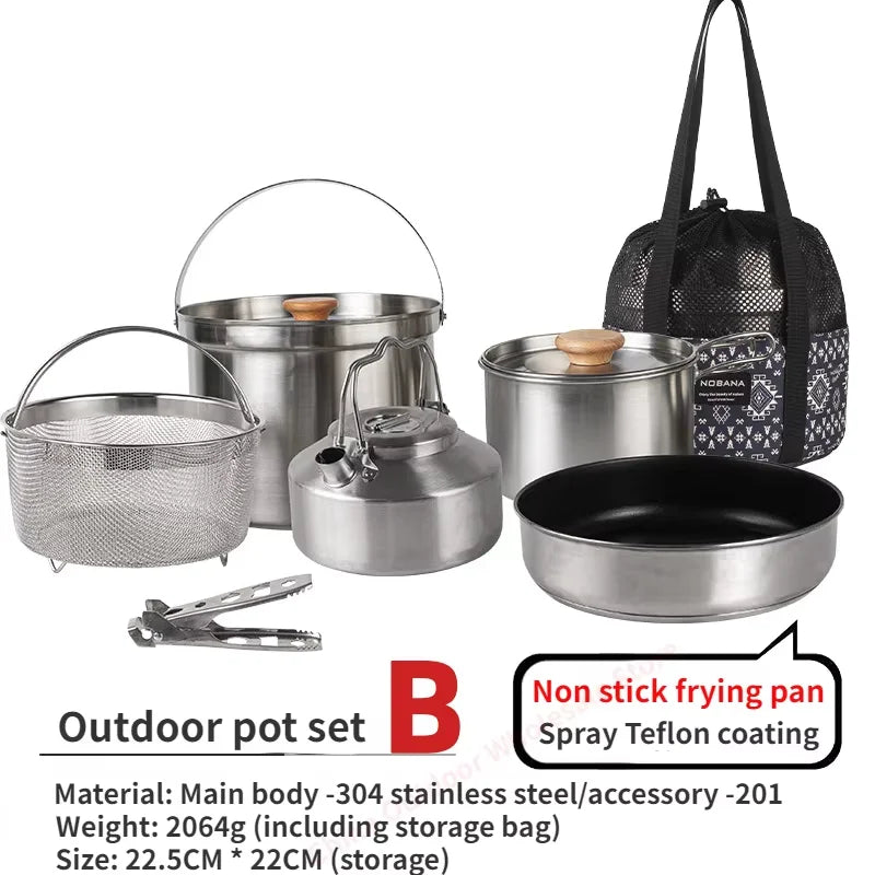 NOBANA 14/22pcs Outdoor Stainless Steel Pot Set Camping Family Pot Set 5L Portable Picnic Soup Pot Frying Steaming Household Pot