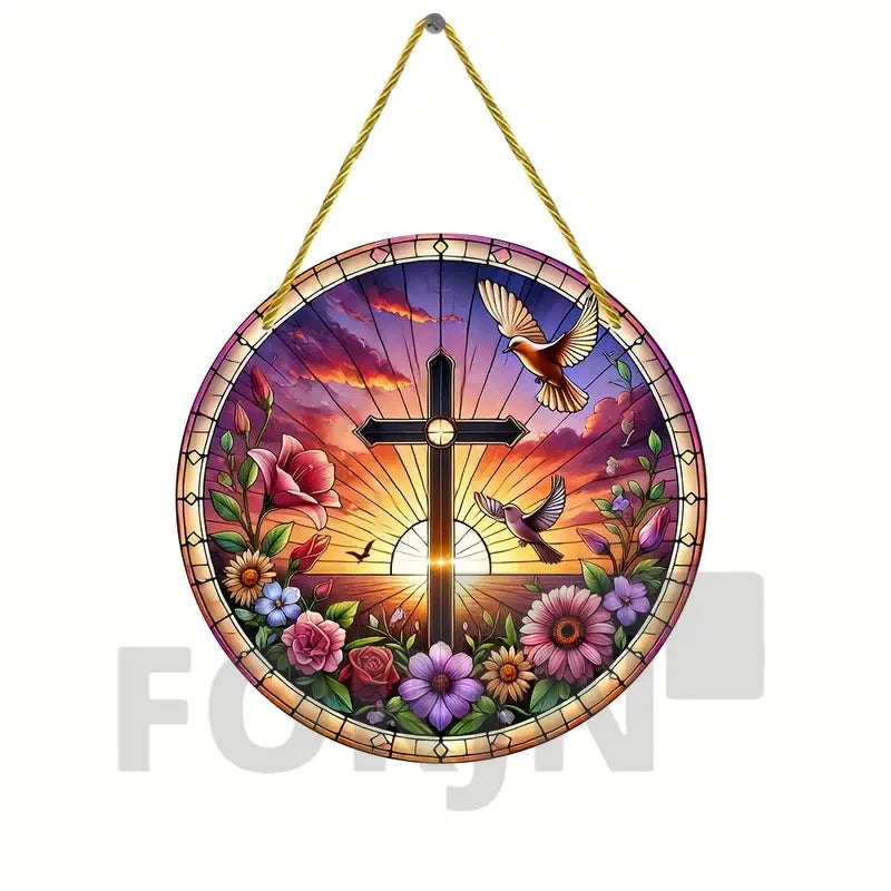 Cross Sun Catcher Acrylic Round Sign,Faux 3D Christianity Religious Pendant Plate,Home,Garden,Room,church,Holy Week&Easter Decor