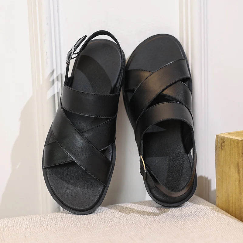 Summer Men's Leather Sandals Non-Slip Anti-Odor Beach Shoes First Layer Cowhide Outer Wear Casual Tpr Sandals Men's Wholesale
