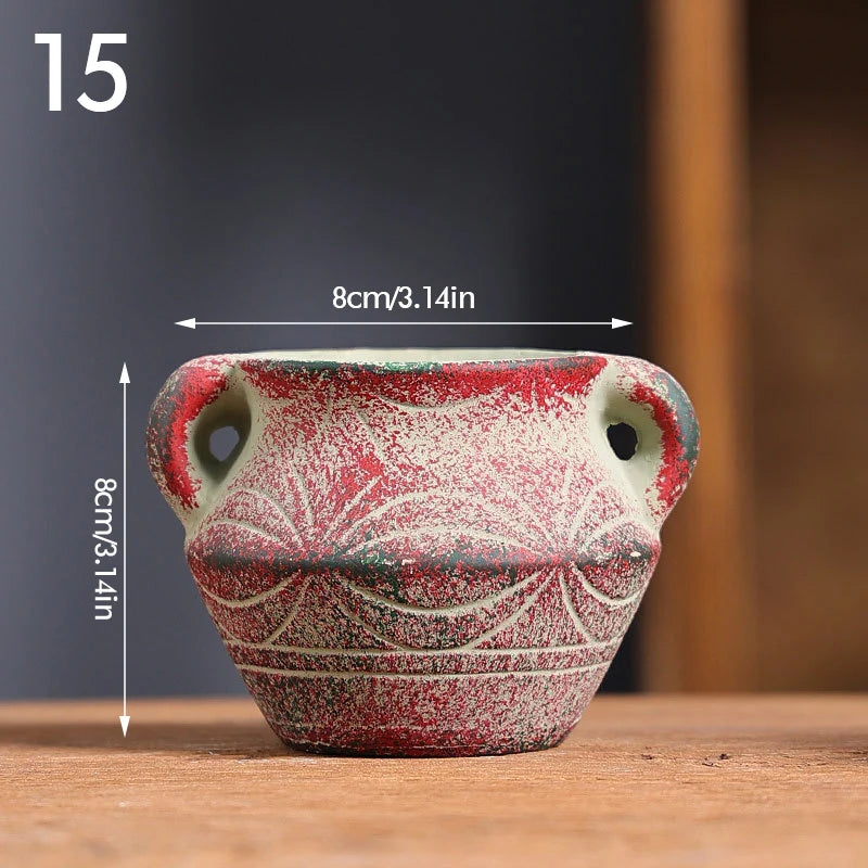 Mediterranean Style Flower Pot Retro Red Pottery Flower Pots Vintage Printed Creative Ceramic Succulent Planters Indoor Outdoor
