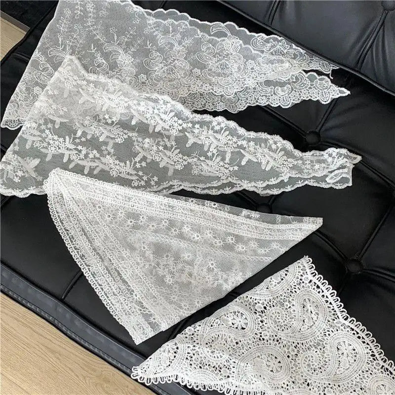 Retro Floral Lace Embroidered Triangle Headscarf Fashion Bandanas Neck Scarf White Woven Floral Hair Scarf Headband Neck Scarf