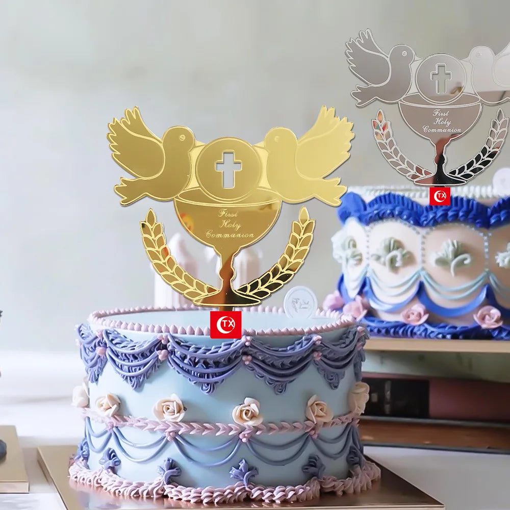 New Baptist Cake Topper Boys and Girls Pigeons IHS Eucharist Golden Cake Topper for Birthday Party Acrylic cake decoration