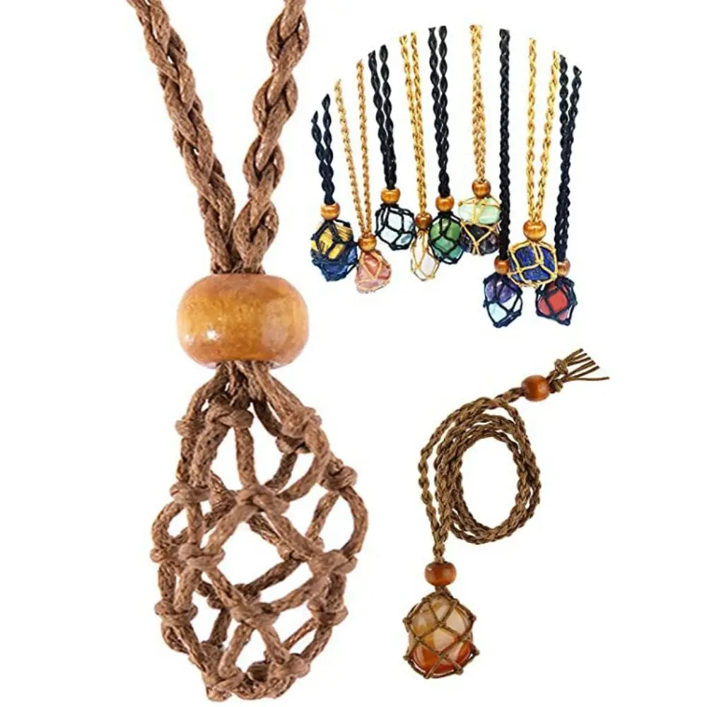 Adjustable Braided Necklace Cord Empty Stone Holder Wax Rope DIY Necklace Natural Quartz Crystal Healing Stone Net Bag Pendant