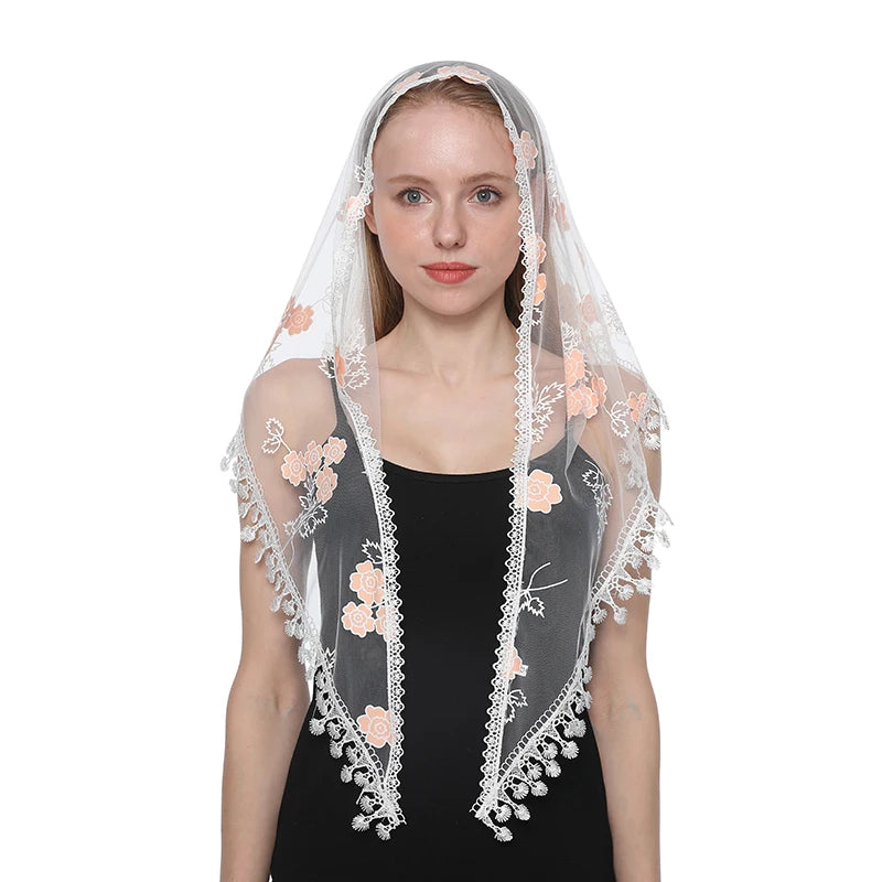 Fashion Church Shawl Lace Veil Polyester Scarf Bandana Church Prayer Wedding Mantilla Chapel White Embroidered Hijab Women Scarf