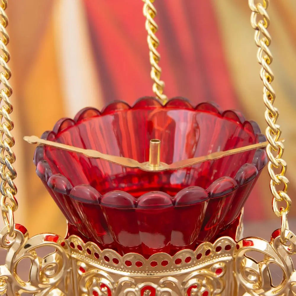Antique Golden Gemstone Church Thurible Crimson Glass Bowl Vintage Ritual Artifact Meditation Burner, Collectible Altar Decor