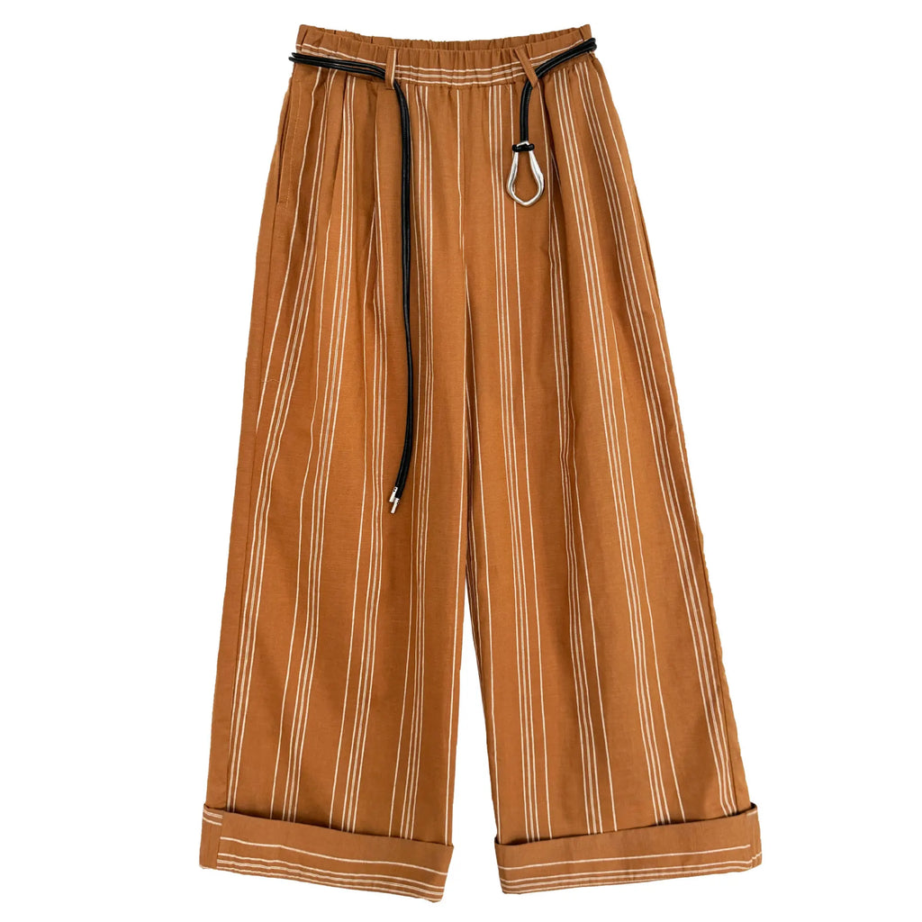 Cotton Linen Bohemian  Long Pant Old Money Style Striped Elastic Casual Pants Women Summer Waist Belt Lazy Wide Legs Pants