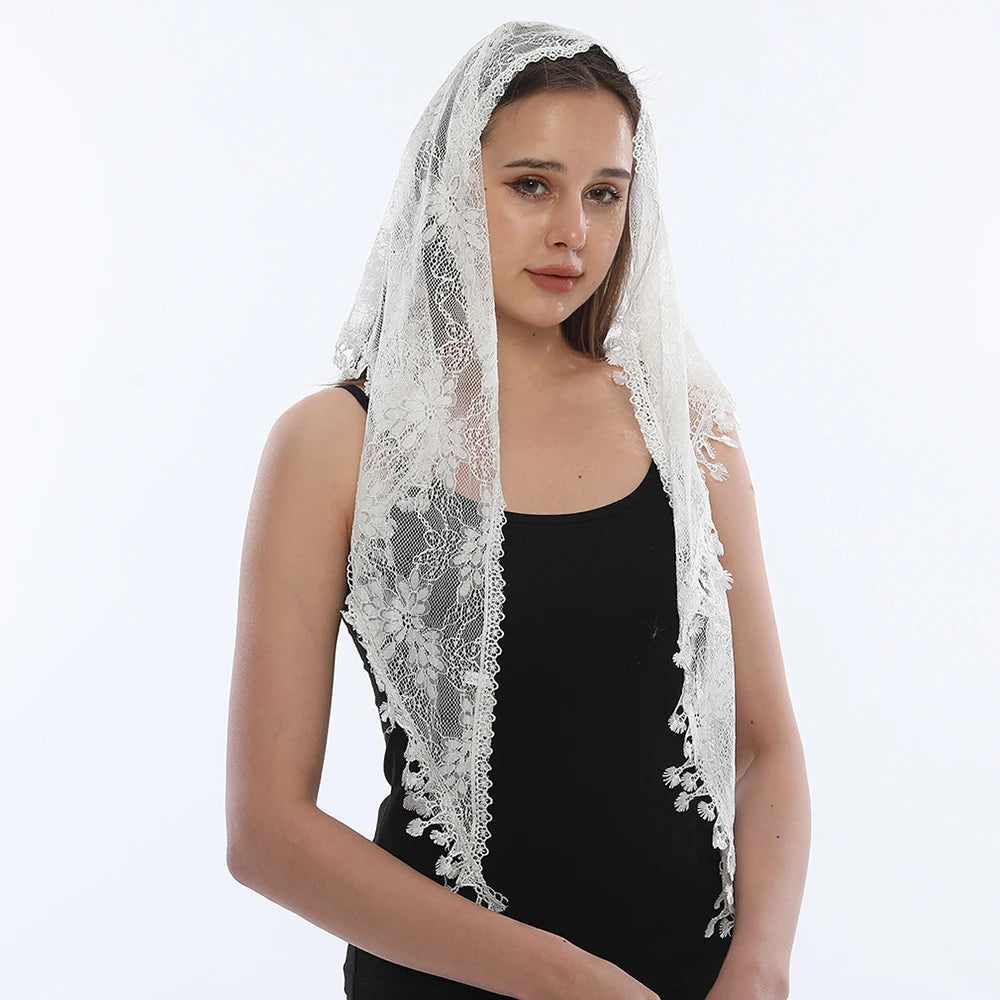 Fashion Church Shawl Lace Veil Polyester Scarf Bandana Church Prayer Wedding Mantilla Chapel White Embroidered Hijab Women Scarf