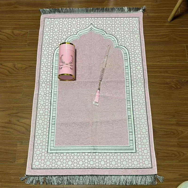 Muslim Prayer Mat with Rosary Beads and Gift Tube the Spire Pattern Islamic Rug Ramadan Decorative Floor Carpet Travel Gifts