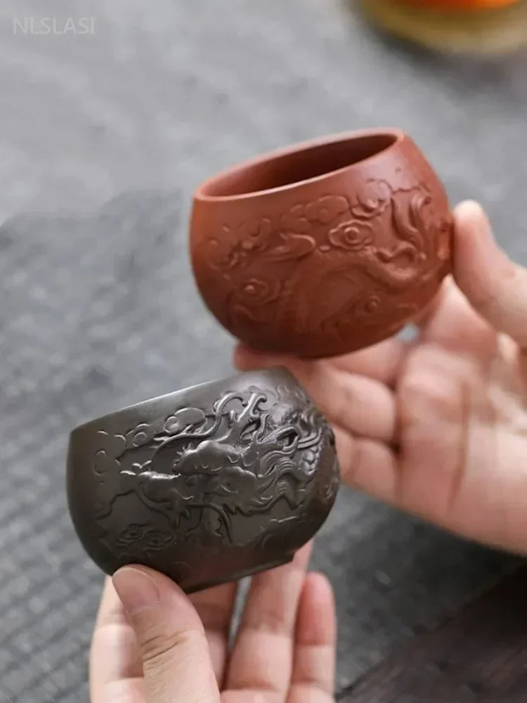 Chinese Hand Carving Purple Clay Teacup Outdoors Portable Tea Bowl Home Master Cup Traditional Zisha Tea Cup Home Drinkware