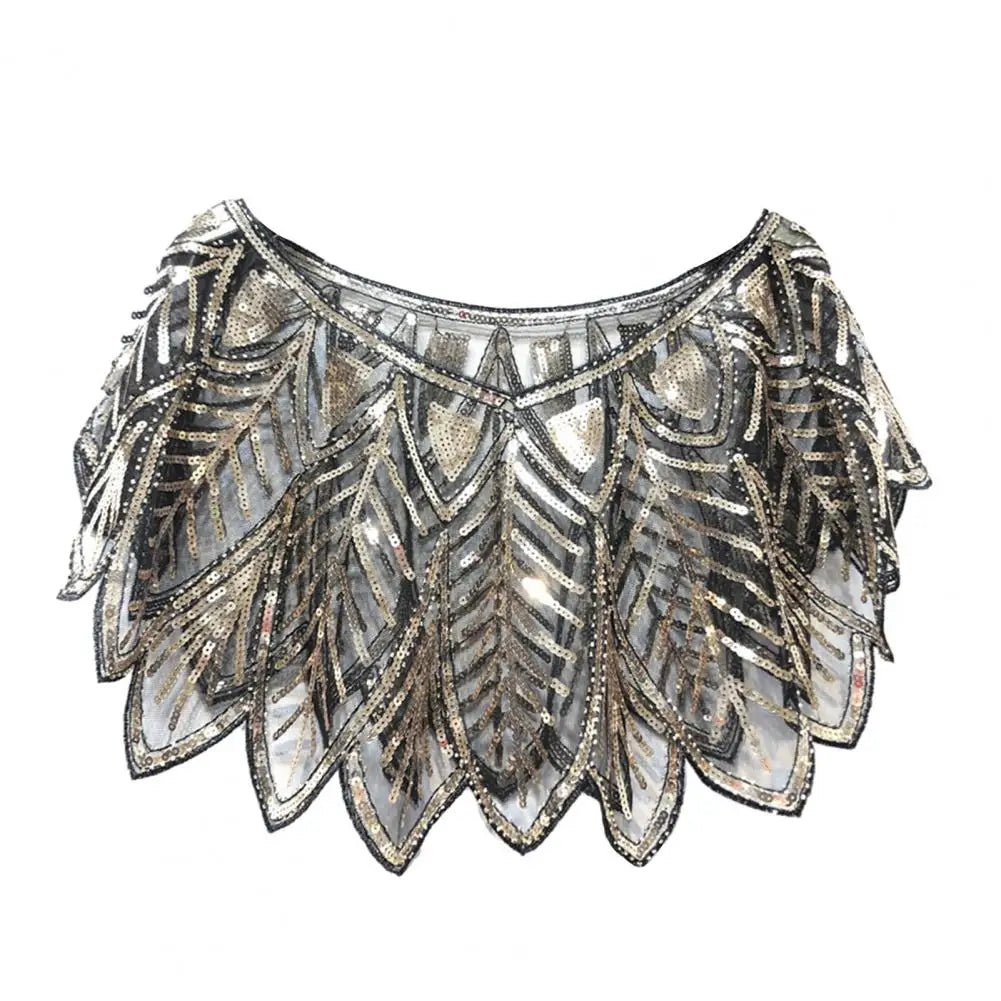 Women 1920s Evening Shawl Elegant Embroidered Beaded Capelet for Women Sparkling Sequin Party Shawl with Leaf Shape Gauze V Neck