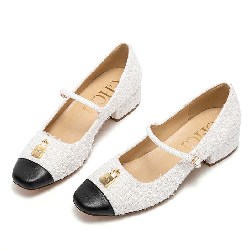 Women Casual Shoes Middle High Heels Spring Summer Leather Sandals Printed Metal Decoration Casual Leather Shoes