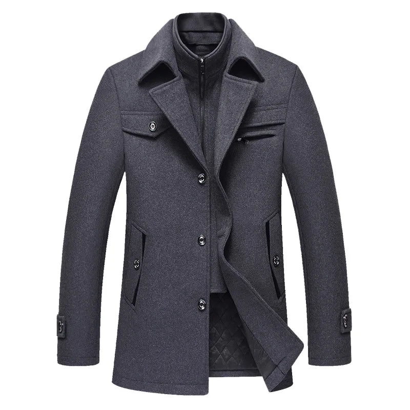 BROWON 2025 Mens Winter Woolen Coats men Long Sleeve Turn Down Collar Faux Two-piece Work Business Wool Jacket Overocat for Man