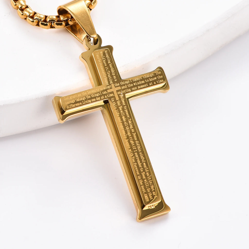Simple Stainless Steel Bible Letter Cross Pendant for Men Women Catholic Prayer Jewelry Gifts