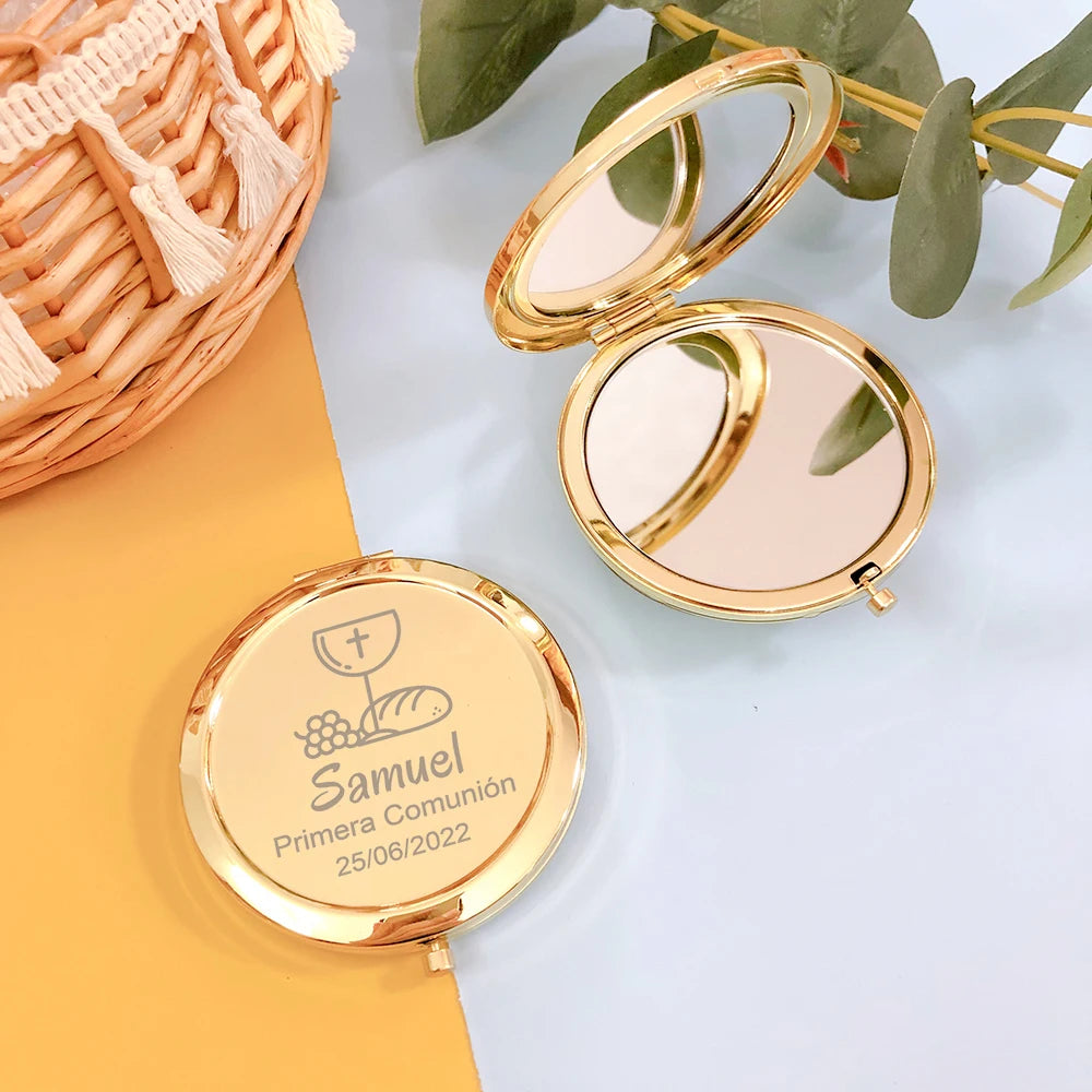 First Communion Party Favors Personalized Communion Gifts for Guests Custom Engraved Metal Compact Mirrors Silver / Gold