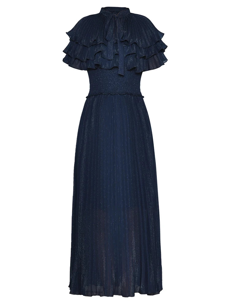 Lace Up Tie Collar Lady Dress 2025 Summer Cloak Stretch Waist Pleated Elegant Large Hem Shiny Women's Long Chiffon Dresses