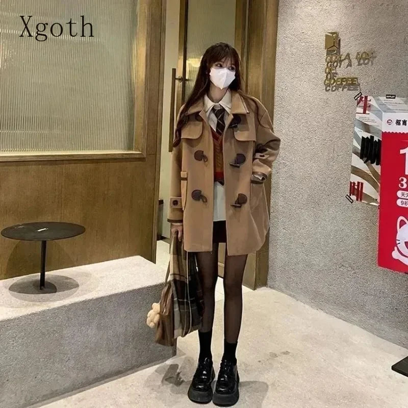 Ladies Coats Thickened Turndown Collar Single Row Cow Horn Button Midlength College Style Reduced Age Woolen Coat Women Clothing