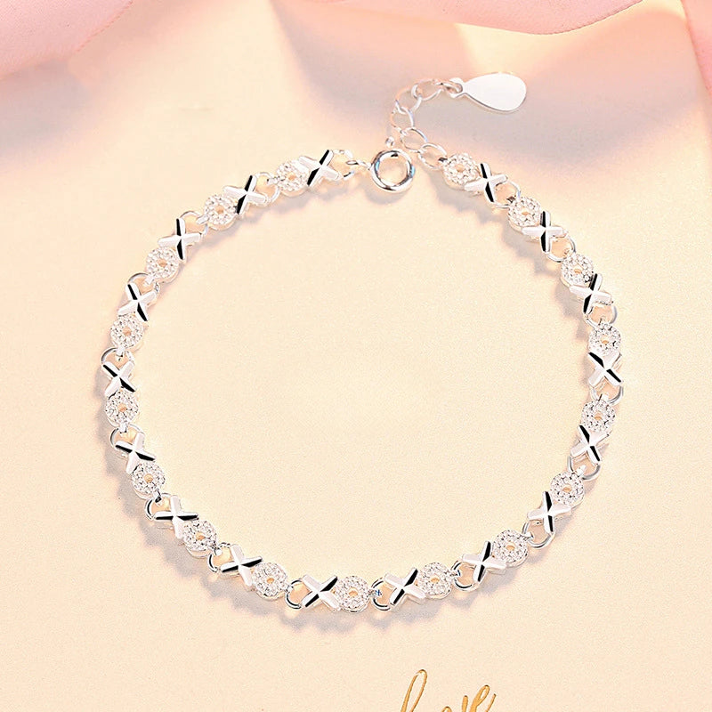 Luxury 925 Sterling Silver Bracelet Chain Women Fashion Minimalist XO Style Bracelet Designer Wedding Party Bling Jewelry Gifts