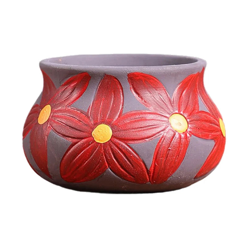 Mediterranean Style Flower Pot Retro Red Pottery Flower Pots Vintage Printed Creative Ceramic Succulent Planters Indoor Outdoor